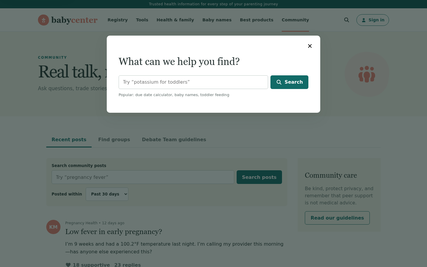 BabyCenter GenUI page with search modal open