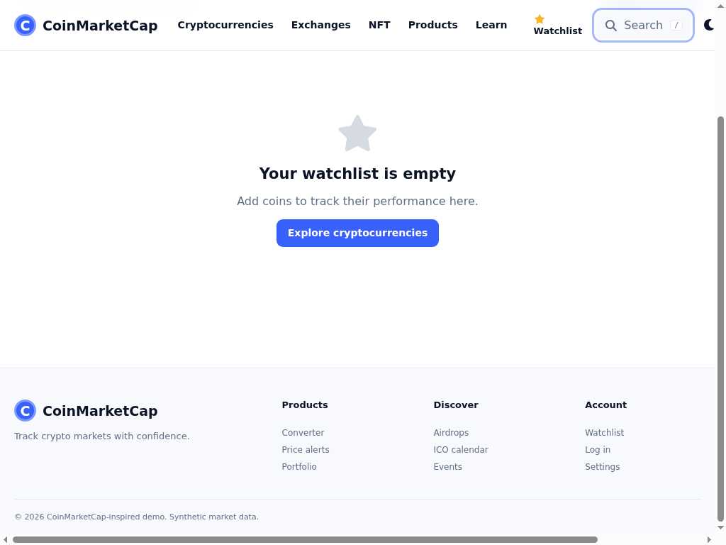 CoinMarketCap-inspired watchlist page with the Search button focused.