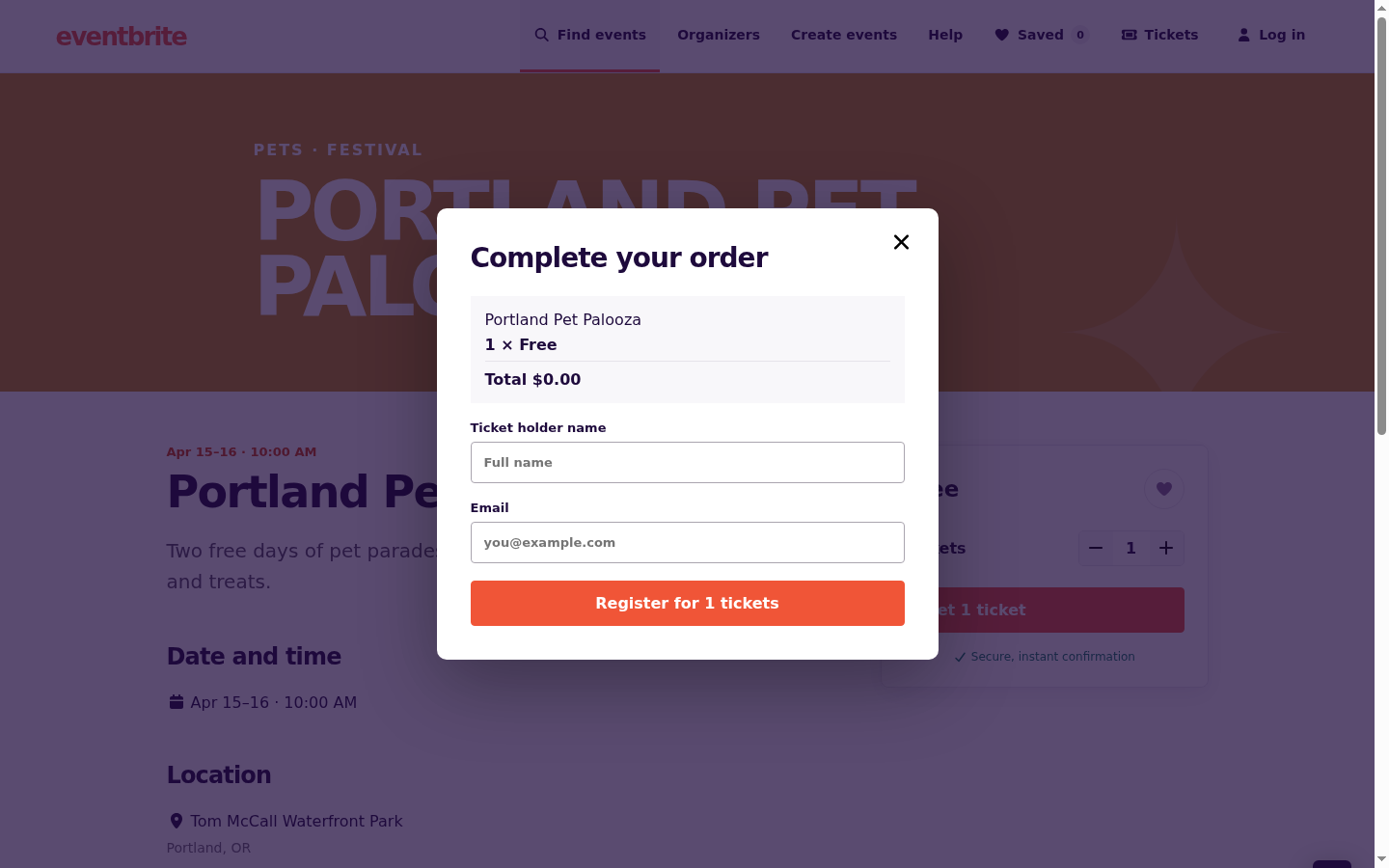Eventbrite ticket dialog used by the controlled FM3 keyboard-trap case